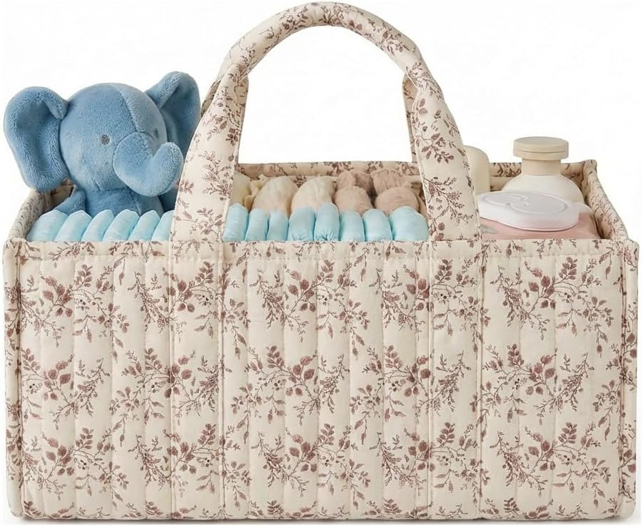 Quilted Fabric Storage Basket Floral Baby Diaper Caddy Quilted Basket for Nursery Bedroom Car Storage (L- Beige 04)