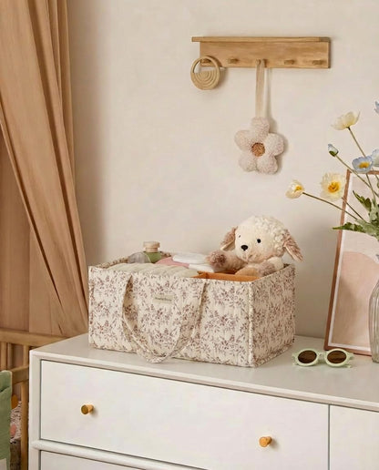 Quilted Fabric Storage Basket Floral Baby Diaper Caddy Quilted Basket for Nursery Bedroom Car Storage (L- Beige 04)