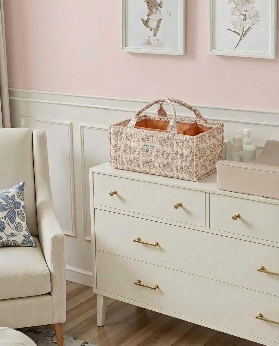 Quilted Fabric Storage Basket Floral Baby Diaper Caddy Quilted Basket for Nursery Bedroom Car Storage (L- Beige 04)
