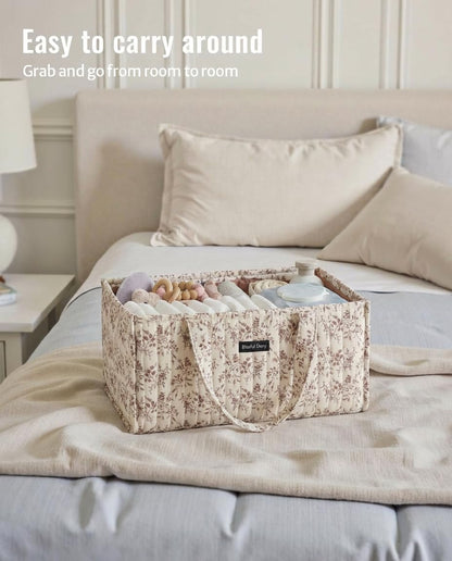 Quilted Fabric Storage Basket Floral Baby Diaper Caddy Quilted Basket for Nursery Bedroom Car Storage (L- Beige 04)
