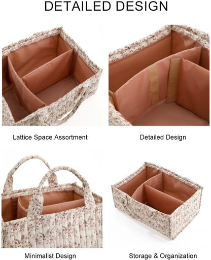 Quilted Fabric Storage Basket Floral Baby Diaper Caddy Quilted Basket for Nursery Bedroom Car Storage (L- Beige 04)