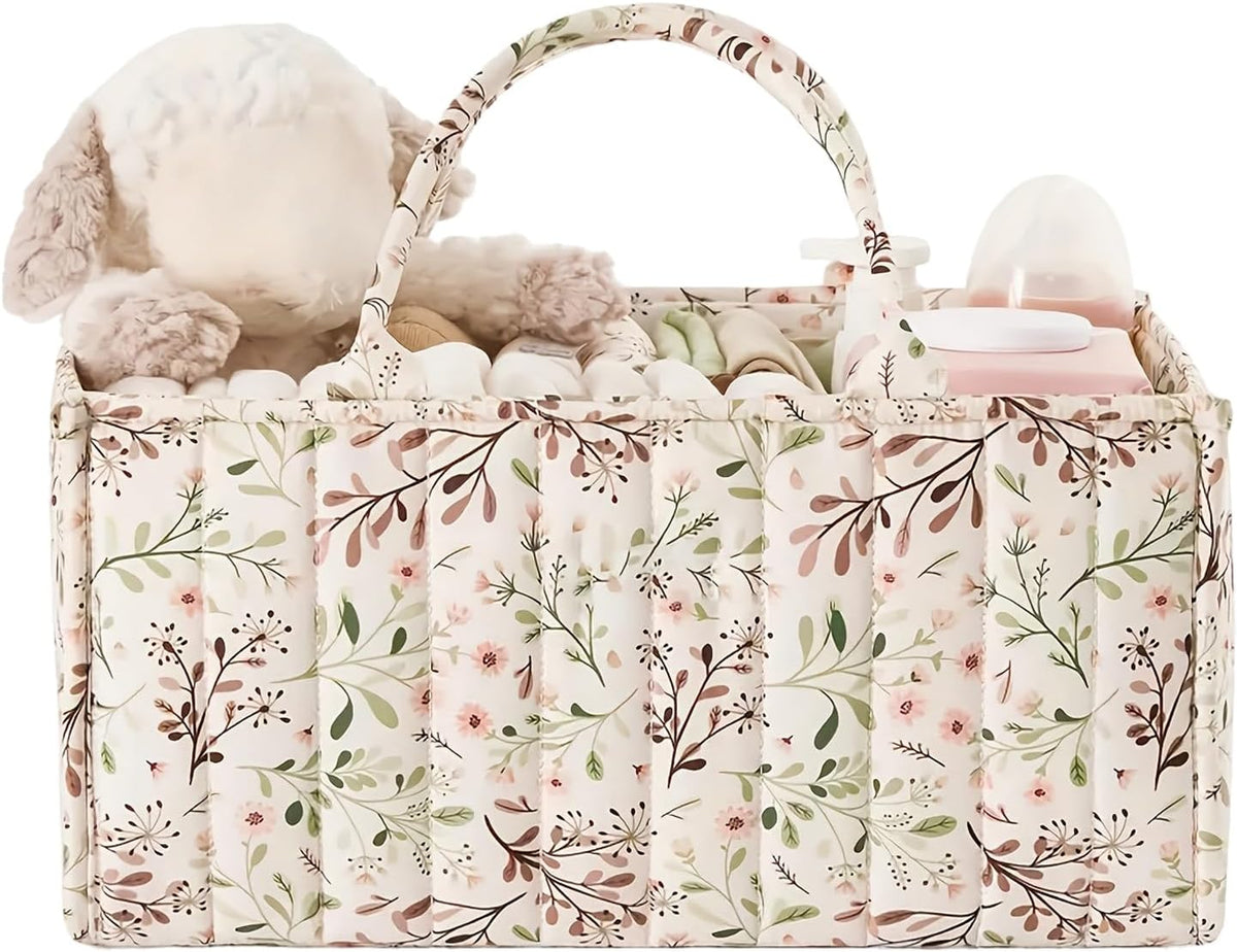 Quilted Fabric Storage Basket Floral Baby Diaper Caddy Quilted Basket for Nursery Bedroom Car Storage (L- Beige 04)