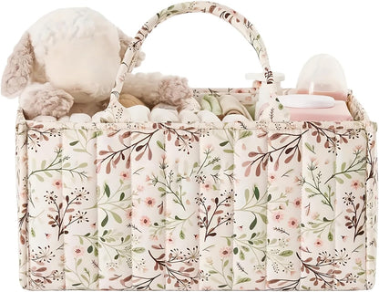 Quilted Fabric Storage Basket Floral Baby Diaper Caddy Quilted Basket for Nursery Bedroom Car Storage (L- Beige 04)