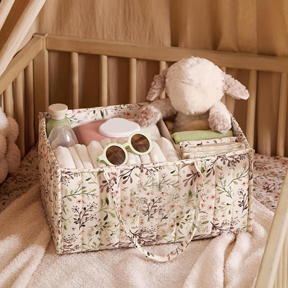 Quilted Fabric Storage Basket Floral Baby Diaper Caddy Quilted Basket for Nursery Bedroom Car Storage (L- Beige 04)