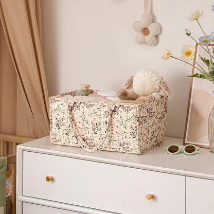 Quilted Fabric Storage Basket Floral Baby Diaper Caddy Quilted Basket for Nursery Bedroom Car Storage (L- Beige 04)