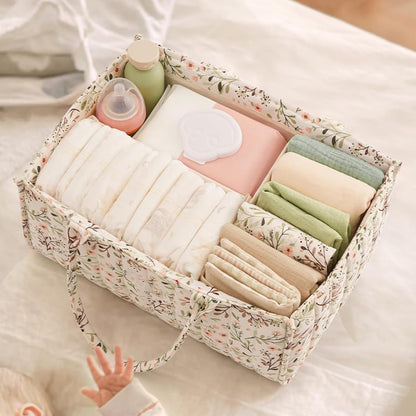 Quilted Fabric Storage Basket Floral Baby Diaper Caddy Quilted Basket for Nursery Bedroom Car Storage (L- Beige 04)