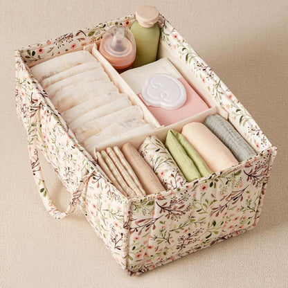 Quilted Fabric Storage Basket Floral Baby Diaper Caddy Quilted Basket for Nursery Bedroom Car Storage (L- Beige 04)