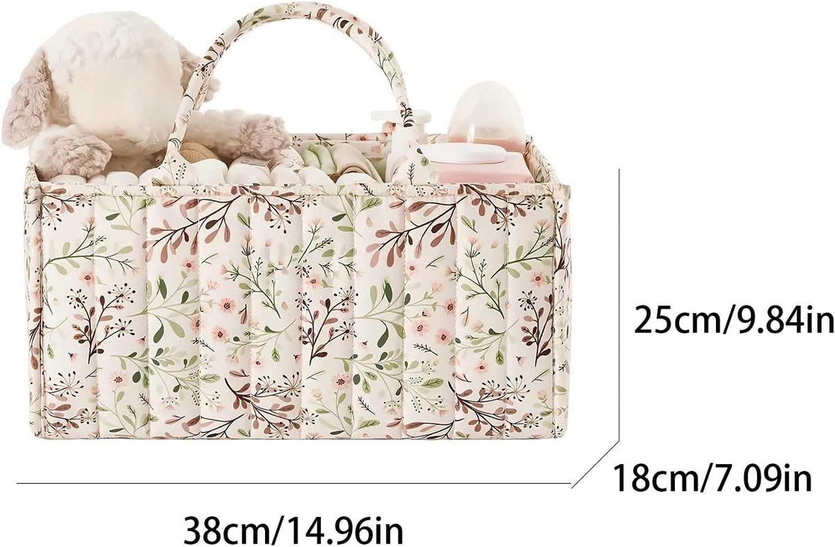 Quilted Fabric Storage Basket Floral Baby Diaper Caddy Quilted Basket for Nursery Bedroom Car Storage (L- Beige 04)