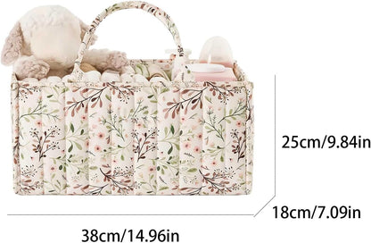 Quilted Fabric Storage Basket Floral Baby Diaper Caddy Quilted Basket for Nursery Bedroom Car Storage (L- Beige 04)