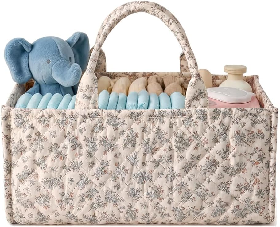 Quilted Fabric Storage Basket Floral Baby Diaper Caddy Quilted Basket for Nursery Bedroom Car Storage (L- Beige 04)