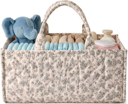 Quilted Fabric Storage Basket Floral Baby Diaper Caddy Quilted Basket for Nursery Bedroom Car Storage (L- Beige 04)