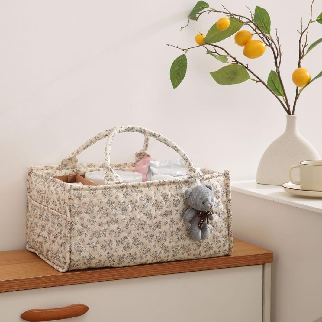 Quilted Fabric Storage Basket Floral Baby Diaper Caddy Quilted Basket for Nursery Bedroom Car Storage (L- Beige 04)