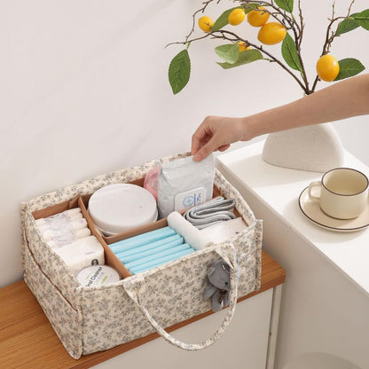 Quilted Fabric Storage Basket Floral Baby Diaper Caddy Quilted Basket for Nursery Bedroom Car Storage (L- Beige 04)