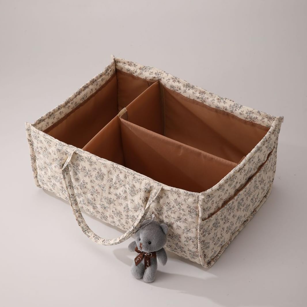 Quilted Fabric Storage Basket Floral Baby Diaper Caddy Quilted Basket for Nursery Bedroom Car Storage (L- Beige 04)