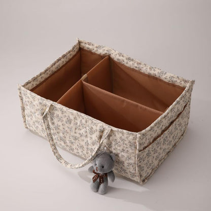 Quilted Fabric Storage Basket Floral Baby Diaper Caddy Quilted Basket for Nursery Bedroom Car Storage (L- Beige 04)