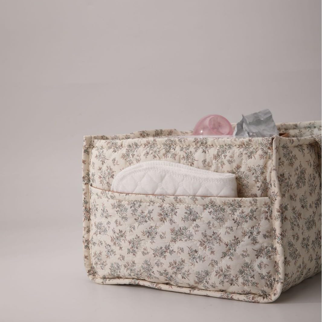 Quilted Fabric Storage Basket Floral Baby Diaper Caddy Quilted Basket for Nursery Bedroom Car Storage (L- Beige 04)