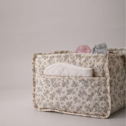 Quilted Fabric Storage Basket Floral Baby Diaper Caddy Quilted Basket for Nursery Bedroom Car Storage (L- Beige 04)