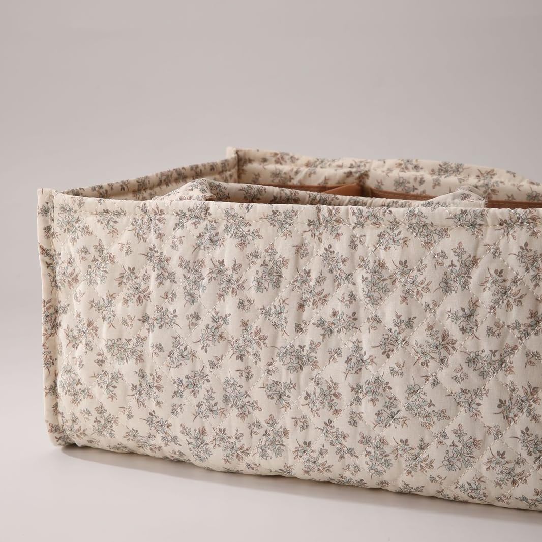 Quilted Fabric Storage Basket Floral Baby Diaper Caddy Quilted Basket for Nursery Bedroom Car Storage (L- Beige 04)