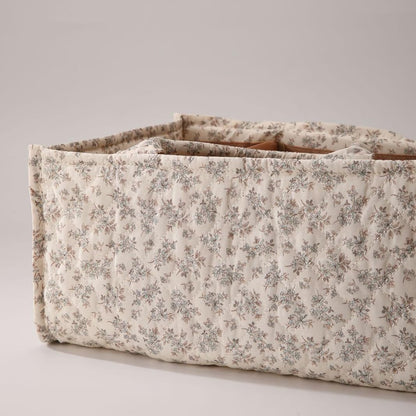 Quilted Fabric Storage Basket Floral Baby Diaper Caddy Quilted Basket for Nursery Bedroom Car Storage (L- Beige 04)