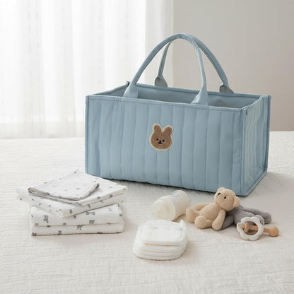 Quilted Fabric Storage Basket Floral Baby Diaper Caddy Quilted Basket for Nursery Bedroom Car Storage (L- Beige 04)