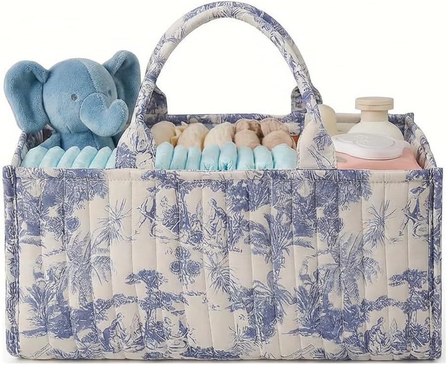 Quilted Fabric Storage Basket Floral Baby Diaper Caddy Quilted Basket for Nursery Bedroom Car Storage (L- Beige 04)