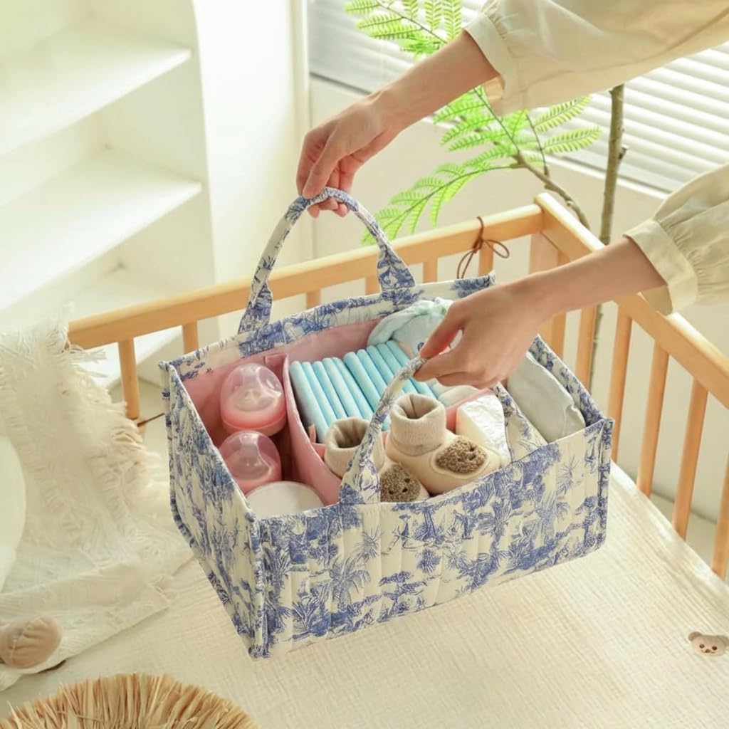 Quilted Fabric Storage Basket Floral Baby Diaper Caddy Quilted Basket for Nursery Bedroom Car Storage (L- Beige 04)
