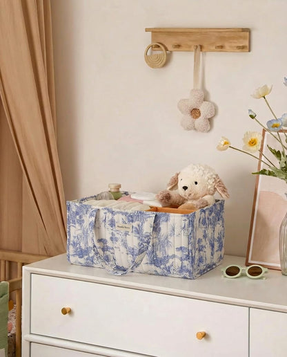 Quilted Fabric Storage Basket Floral Baby Diaper Caddy Quilted Basket for Nursery Bedroom Car Storage (L- Beige 04)