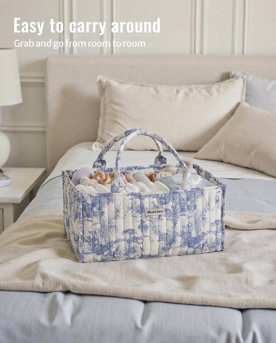 Quilted Fabric Storage Basket Floral Baby Diaper Caddy Quilted Basket for Nursery Bedroom Car Storage (L- Beige 04)