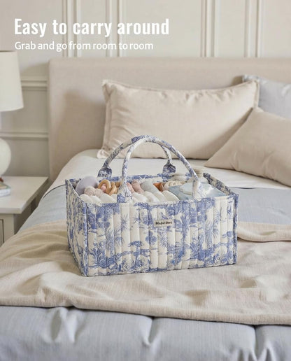 Quilted Fabric Storage Basket Floral Baby Diaper Caddy Quilted Basket for Nursery Bedroom Car Storage (L- Beige 04)