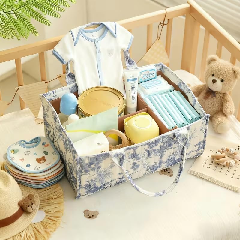 Quilted Fabric Storage Basket Floral Baby Diaper Caddy Quilted Basket for Nursery Bedroom Car Storage (L- Beige 04)