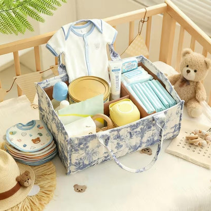 Quilted Fabric Storage Basket Floral Baby Diaper Caddy Quilted Basket for Nursery Bedroom Car Storage (L- Beige 04)