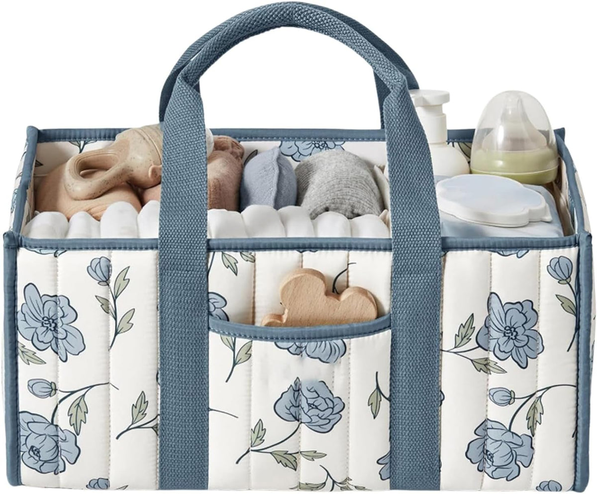 Quilted Fabric Storage Basket Floral Baby Diaper Caddy Quilted Basket for Nursery Bedroom Car Storage (L- Beige 04)