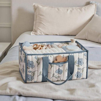 Quilted Fabric Storage Basket Floral Baby Diaper Caddy Quilted Basket for Nursery Bedroom Car Storage (L- Beige 04)