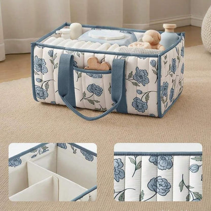 Quilted Fabric Storage Basket Floral Baby Diaper Caddy Quilted Basket for Nursery Bedroom Car Storage (L- Beige 04)