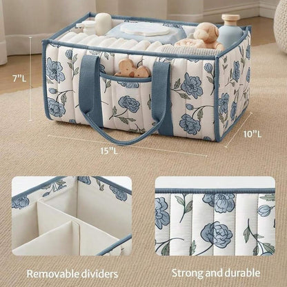Quilted Fabric Storage Basket Floral Baby Diaper Caddy Quilted Basket for Nursery Bedroom Car Storage (L- Beige 04)