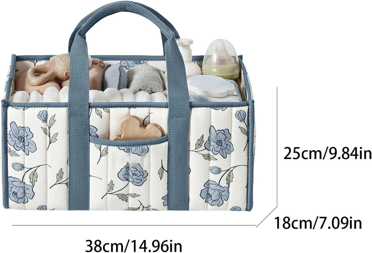 Quilted Fabric Storage Basket Floral Baby Diaper Caddy Quilted Basket for Nursery Bedroom Car Storage (L- Beige 04)