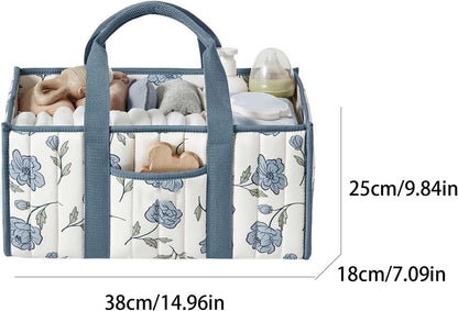 Quilted Fabric Storage Basket Floral Baby Diaper Caddy Quilted Basket for Nursery Bedroom Car Storage (L- Beige 04)