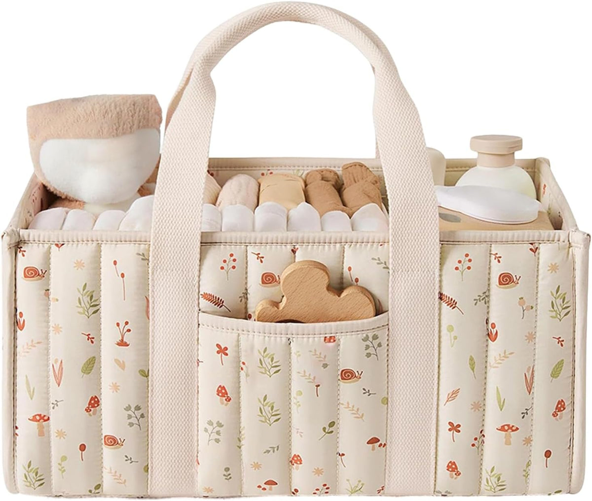Quilted Fabric Storage Basket Floral Baby Diaper Caddy Quilted Basket for Nursery Bedroom Car Storage (L- Beige 04)