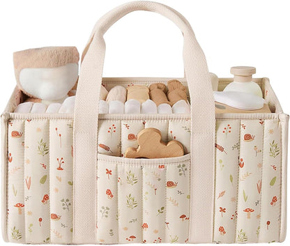 Quilted Fabric Storage Basket Floral Baby Diaper Caddy Quilted Basket for Nursery Bedroom Car Storage (L- Beige 04)