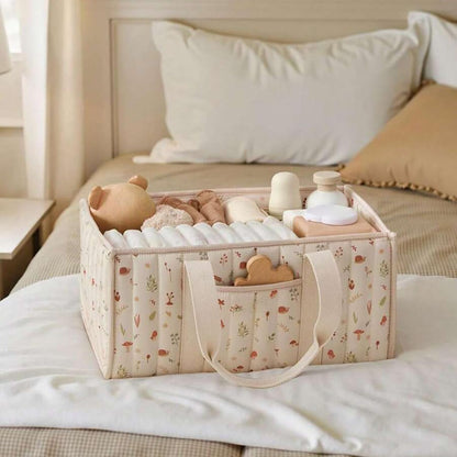 Quilted Fabric Storage Basket Floral Baby Diaper Caddy Quilted Basket for Nursery Bedroom Car Storage (L- Beige 04)