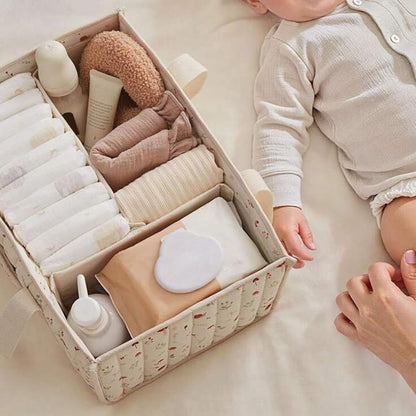 Quilted Fabric Storage Basket Floral Baby Diaper Caddy Quilted Basket for Nursery Bedroom Car Storage (L- Beige 04)