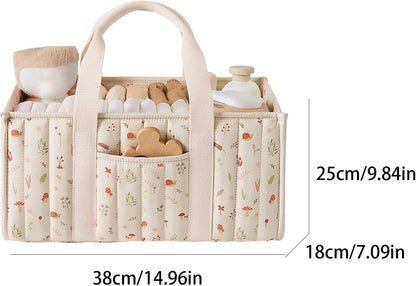 Quilted Fabric Storage Basket Floral Baby Diaper Caddy Quilted Basket for Nursery Bedroom Car Storage (L- Beige 04)