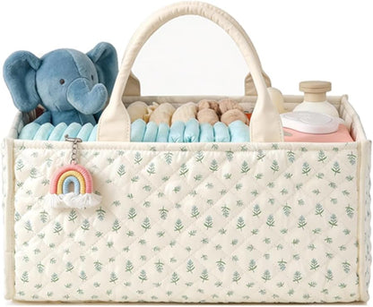 Quilted Fabric Storage Basket Floral Baby Diaper Caddy Quilted Basket for Nursery Bedroom Car Storage (L- Beige 04)