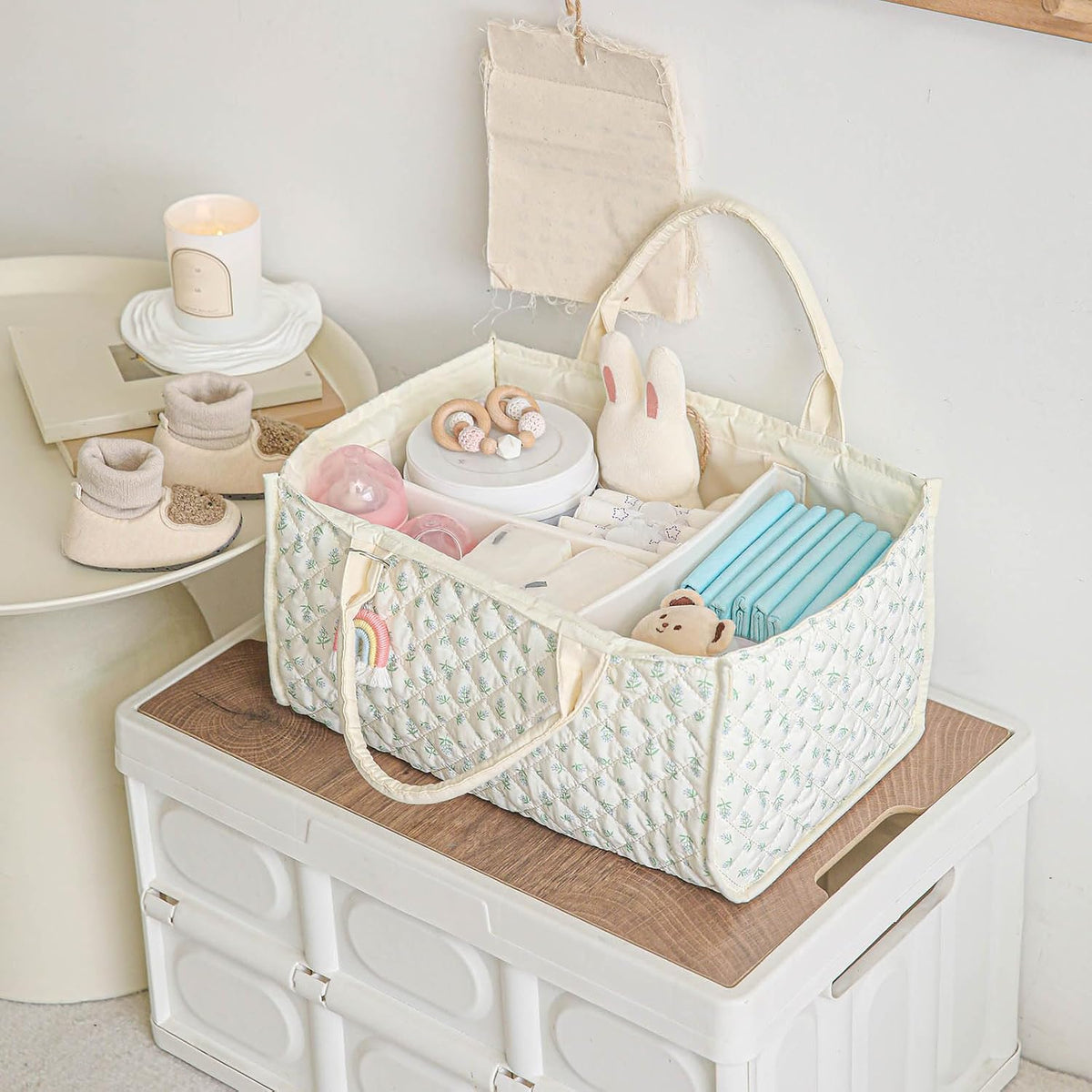 Quilted Fabric Storage Basket Floral Baby Diaper Caddy Quilted Basket for Nursery Bedroom Car Storage (L- Beige 04)
