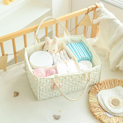 Quilted Fabric Storage Basket Floral Baby Diaper Caddy Quilted Basket for Nursery Bedroom Car Storage (L- Beige 04)