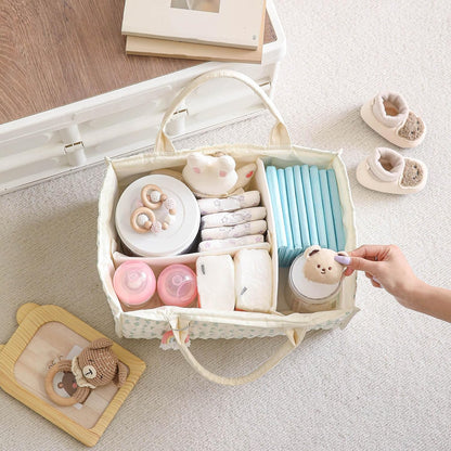 Quilted Fabric Storage Basket Floral Baby Diaper Caddy Quilted Basket for Nursery Bedroom Car Storage (L- Beige 04)