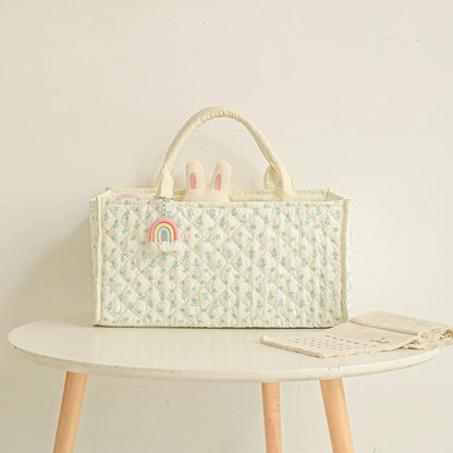Quilted Fabric Storage Basket Floral Baby Diaper Caddy Quilted Basket for Nursery Bedroom Car Storage (L- Beige 04)