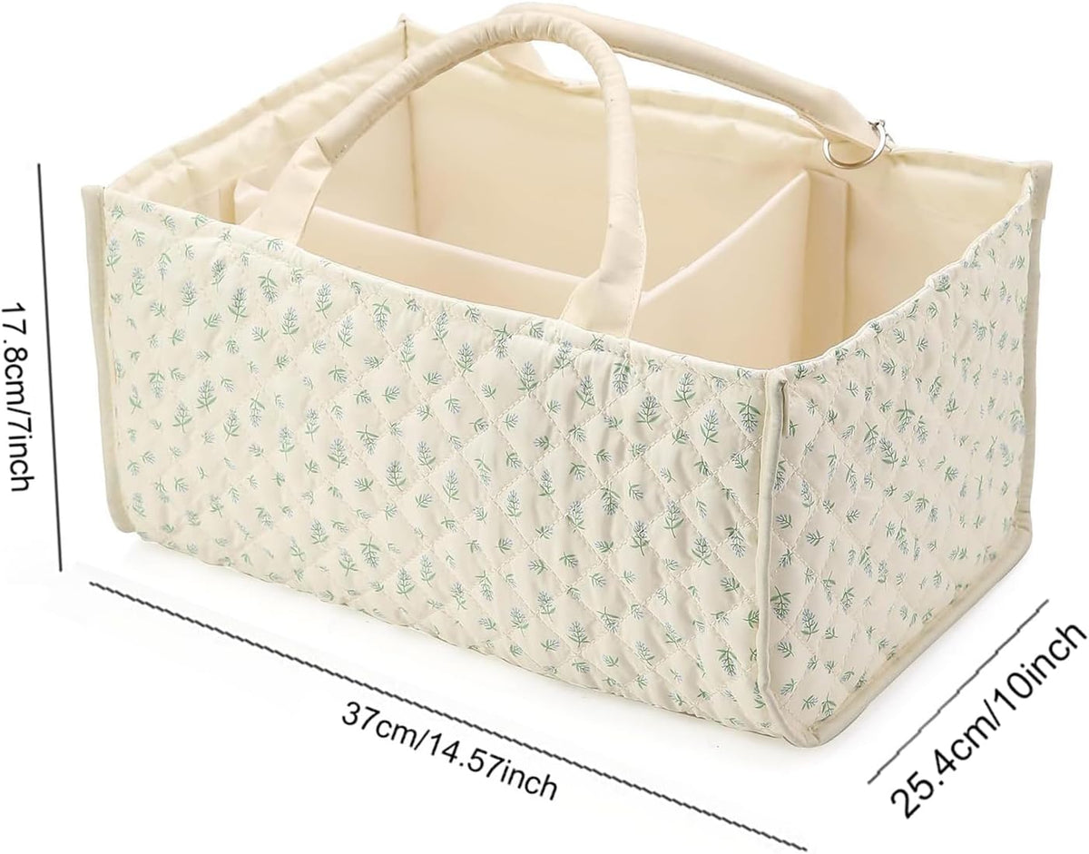 Quilted Fabric Storage Basket Floral Baby Diaper Caddy Quilted Basket for Nursery Bedroom Car Storage (L- Beige 04)