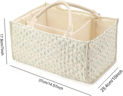 Quilted Fabric Storage Basket Floral Baby Diaper Caddy Quilted Basket for Nursery Bedroom Car Storage (L- Beige 04)