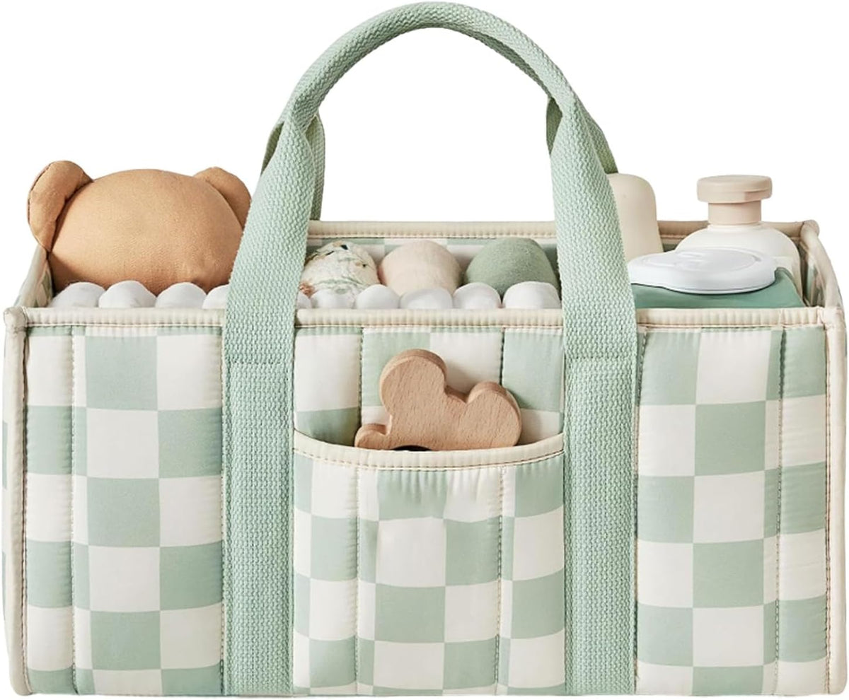 Quilted Fabric Storage Basket Floral Baby Diaper Caddy Quilted Basket for Nursery Bedroom Car Storage (L- Beige 04)